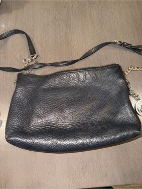 Michael Kors Black Leather Crossbody Bag with Gold Chain Accent